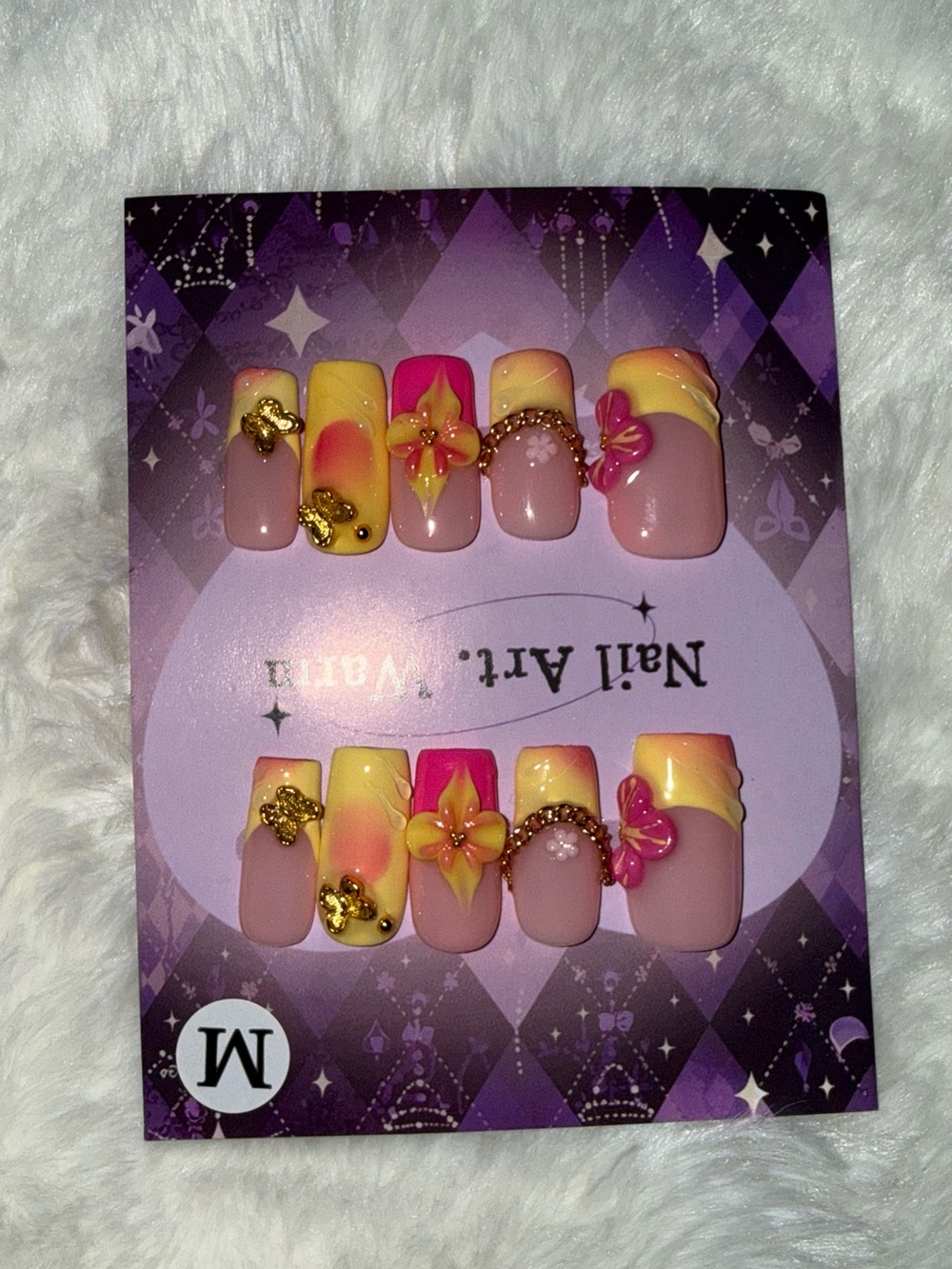 Pink and Yellow Floral Press On Nail Set (Size Medium)